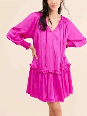 Anthropologie Giulia Dress Tunic pink Long sleeves with ruffle tie size xxs